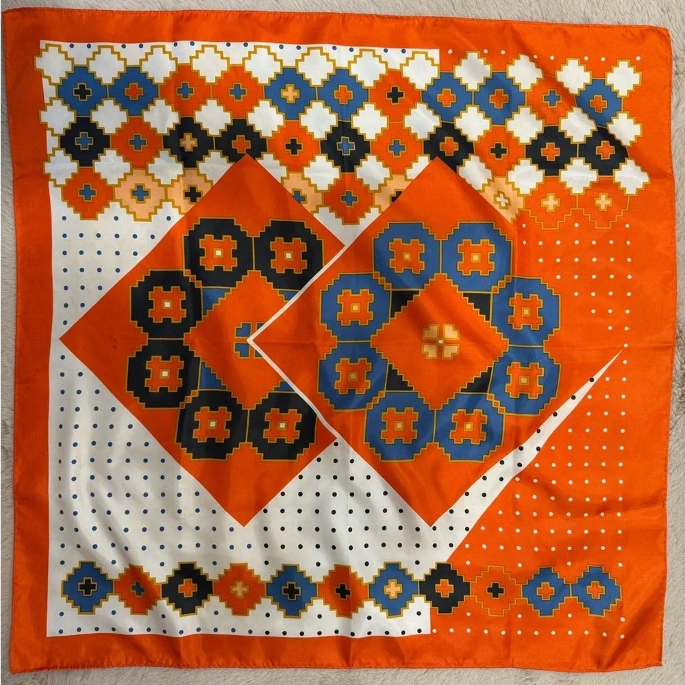 Vintage Style Geometric Print Square Scarf Orange Blue